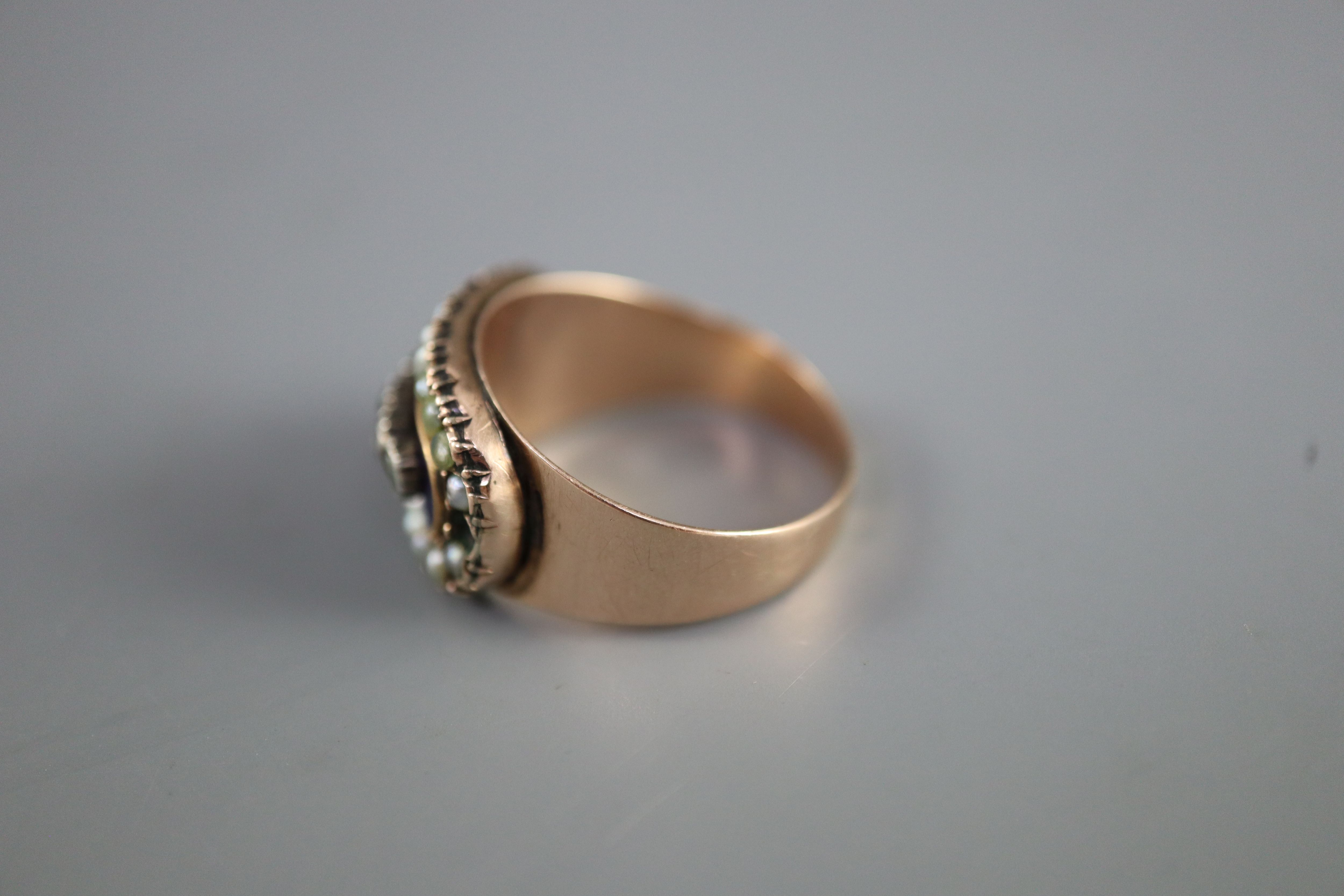 A Georgian gold, enamel, split pearl and gem set cluster ring,
